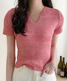 サマーニット へそ出し トップス Vネック クロップド丈 Tシャツ