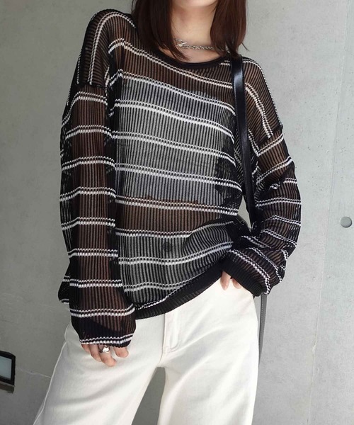 CORNERS（コーナーズ）の「シアーボーダーニット（ニット/セーター・レディース・ブラック/ベージュ/ホワイト/ピンク・M）」の3枚目の写真