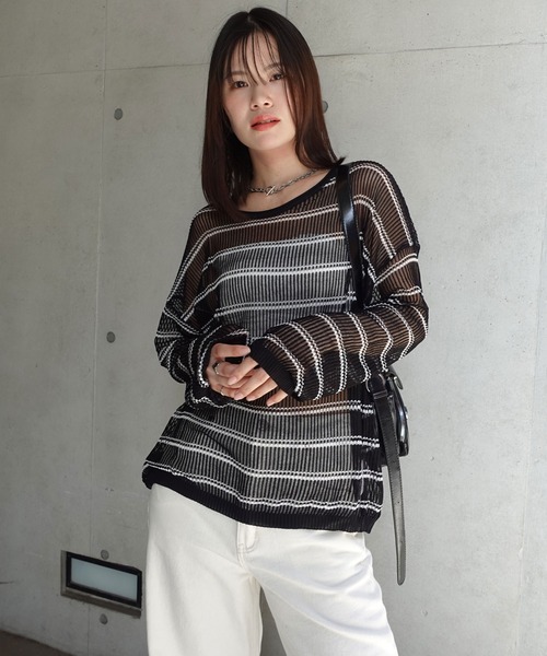 CORNERS（コーナーズ）の「シアーボーダーニット（ニット/セーター・レディース・ブラック/ベージュ/ホワイト/ピンク・M）」の12枚目の写真