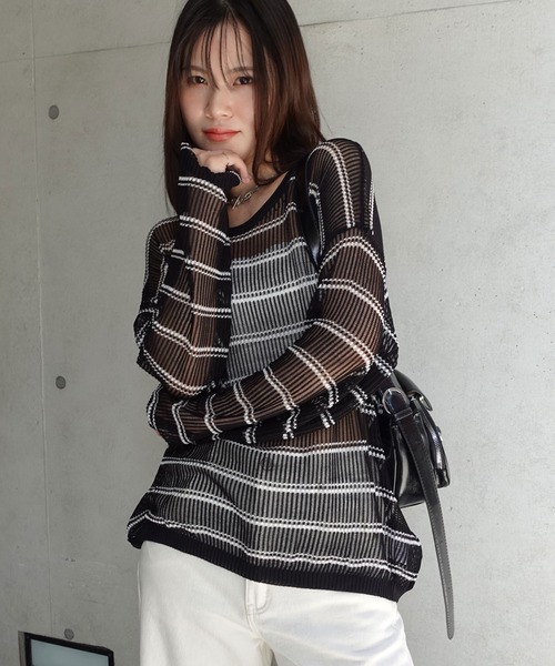 CORNERS（コーナーズ）の「シアーボーダーニット（ニット/セーター・レディース・ブラック/ベージュ/ホワイト/ピンク・M）」の13枚目の写真