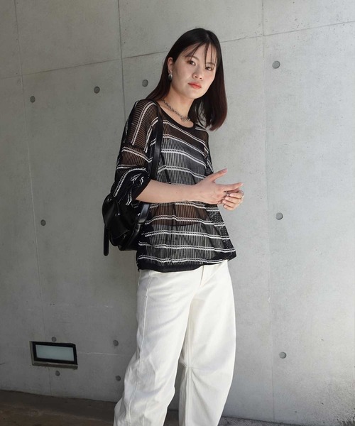 CORNERS（コーナーズ）の「シアーボーダーニット（ニット/セーター・レディース・ブラック/ベージュ/ホワイト/ピンク・M）」の15枚目の写真