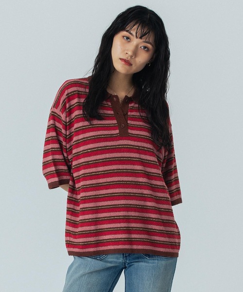 ROSE BUD（ローズバッド）の「(CREOLME)MULTI STRIPE POLO TOP（ニット/セーター・レディース・レッド/パープル・ONE SIZE）」の5枚目の写真