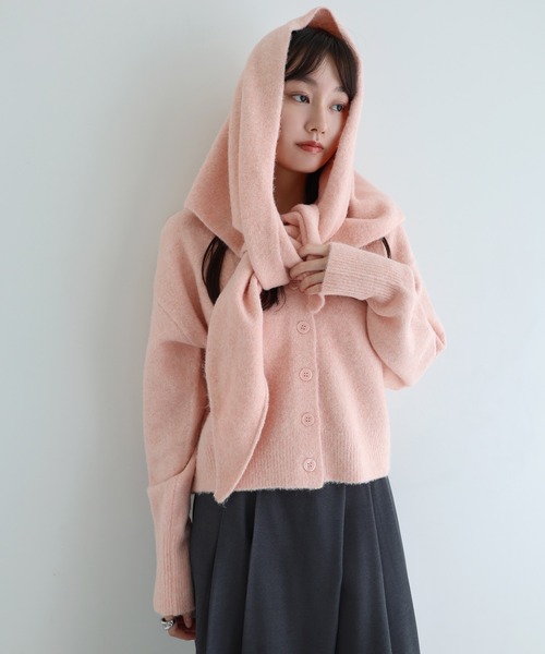 セール】同色ストール付きリボン刺繍ニットカーディガン（カーディガン