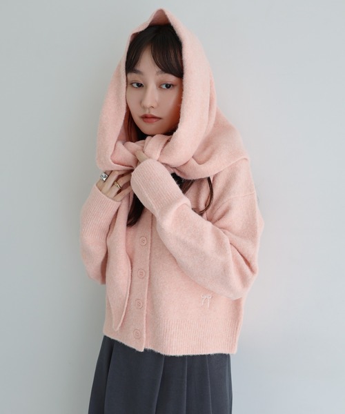 セール】同色ストール付きリボン刺繍ニットカーディガン（カーディガン