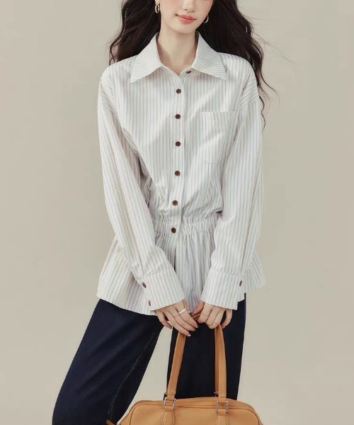 gossip！ロサンゼルス（ゴシップロサンゼルス）の「【25新作】ストライプパターン ヒップ丈シャツワンピース（シャツ/ブラウス・レディース・イエロー/オフホワイト/ブルー・L/M）」の2枚目の写真