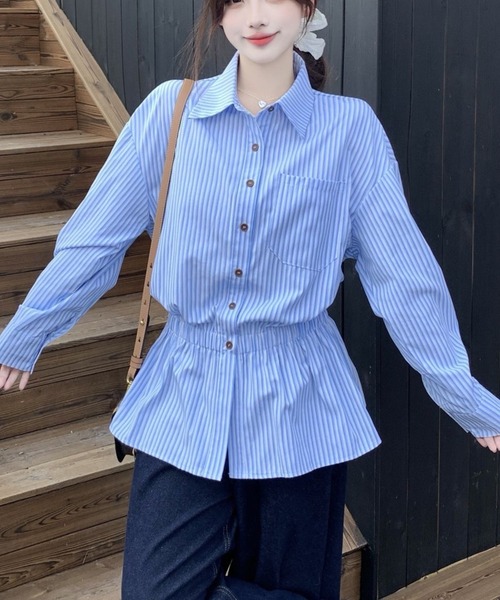 gossip！ロサンゼルス（ゴシップロサンゼルス）の「【25新作】ストライプパターン ヒップ丈シャツワンピース（シャツ/ブラウス・レディース・イエロー/オフホワイト/ブルー・L/M）」の3枚目の写真