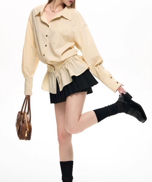 gossip！ロサンゼルス（ゴシップロサンゼルス）の「【25新作】ストライプパターン ヒップ丈シャツワンピース（シャツ/ブラウス・レディース・イエロー/オフホワイト/ブルー・L/M）」の4枚目の写真