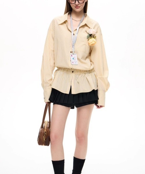 gossip！ロサンゼルス（ゴシップロサンゼルス）の「【25新作】ストライプパターン ヒップ丈シャツワンピース（シャツ/ブラウス・レディース・イエロー/オフホワイト/ブルー・L/M）」の5枚目の写真