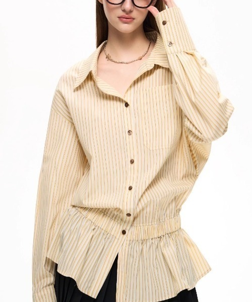 gossip！ロサンゼルス（ゴシップロサンゼルス）の「【25新作】ストライプパターン ヒップ丈シャツワンピース（シャツ/ブラウス・レディース・イエロー/オフホワイト/ブルー・L/M）」の6枚目の写真