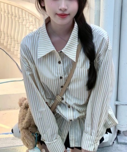 gossip！ロサンゼルス（ゴシップロサンゼルス）の「【25新作】ストライプパターン ヒップ丈シャツワンピース（シャツ/ブラウス・レディース・イエロー/オフホワイト/ブルー・L/M）」の7枚目の写真