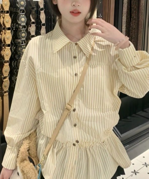 gossip！ロサンゼルス（ゴシップロサンゼルス）の「【25新作】ストライプパターン ヒップ丈シャツワンピース（シャツ/ブラウス・レディース・イエロー/オフホワイト/ブルー・L/M）」の8枚目の写真