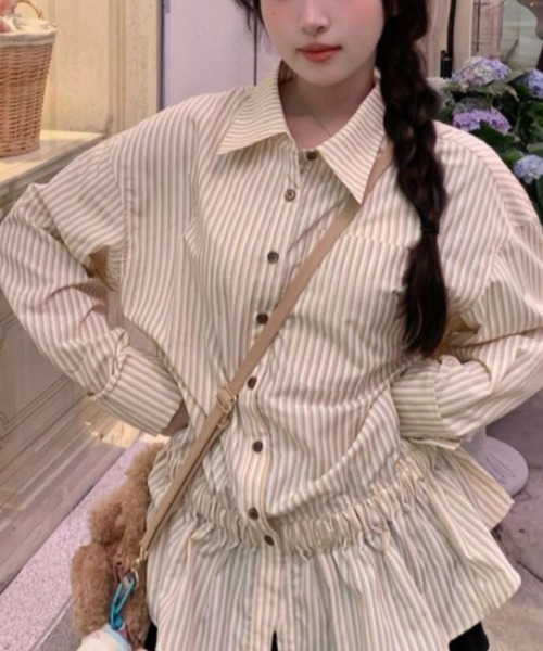 gossip！ロサンゼルス（ゴシップロサンゼルス）の「【25新作】ストライプパターン ヒップ丈シャツワンピース（シャツ/ブラウス・レディース・イエロー/オフホワイト/ブルー・L/M）」の9枚目の写真