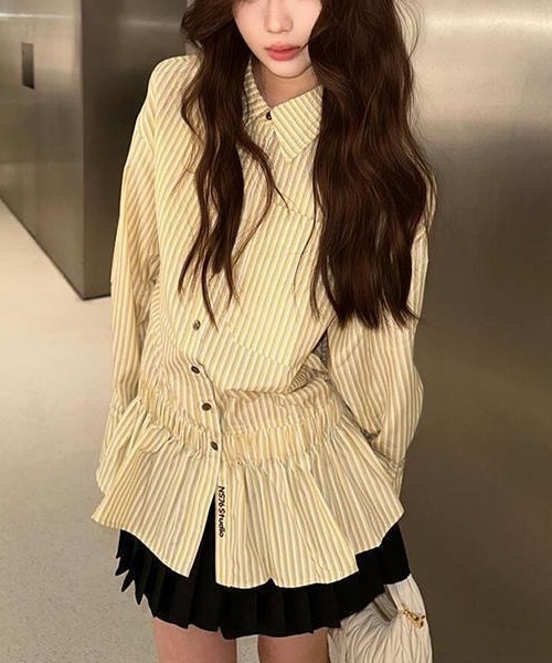 gossip！ロサンゼルス（ゴシップロサンゼルス）の「【25新作】ストライプパターン ヒップ丈シャツワンピース（シャツ/ブラウス・レディース・イエロー/オフホワイト/ブルー・L/M）」の12枚目の写真