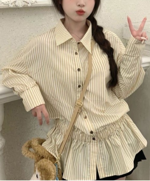 gossip！ロサンゼルス（ゴシップロサンゼルス）の「【25新作】ストライプパターン ヒップ丈シャツワンピース（シャツ/ブラウス・レディース・イエロー/オフホワイト/ブルー・L/M）」の14枚目の写真