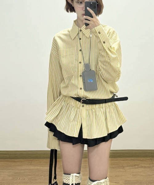 gossip！ロサンゼルス（ゴシップロサンゼルス）の「【25新作】ストライプパターン ヒップ丈シャツワンピース（シャツ/ブラウス・レディース・イエロー/オフホワイト/ブルー・L/M）」の15枚目の写真