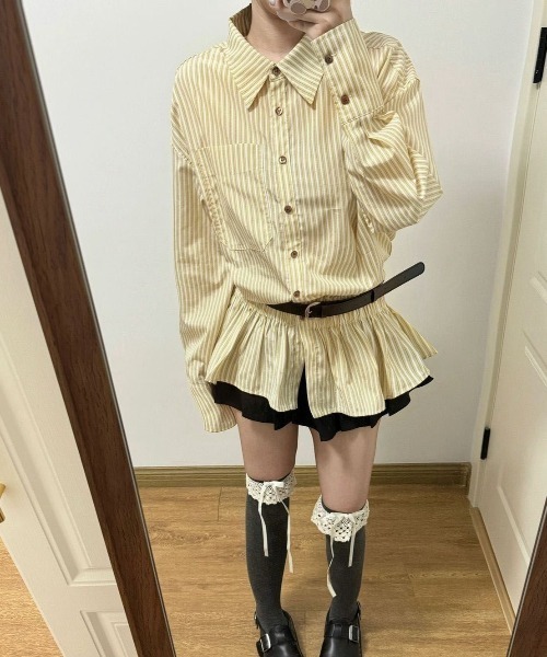 gossip！ロサンゼルス（ゴシップロサンゼルス）の「【25新作】ストライプパターン ヒップ丈シャツワンピース（シャツ/ブラウス・レディース・イエロー/オフホワイト/ブルー・L/M）」の16枚目の写真