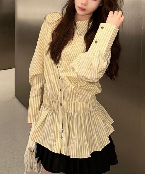 gossip！ロサンゼルス（ゴシップロサンゼルス）の「【25新作】ストライプパターン ヒップ丈シャツワンピース（シャツ/ブラウス・レディース・イエロー/オフホワイト/ブルー・L/M）」の17枚目の写真