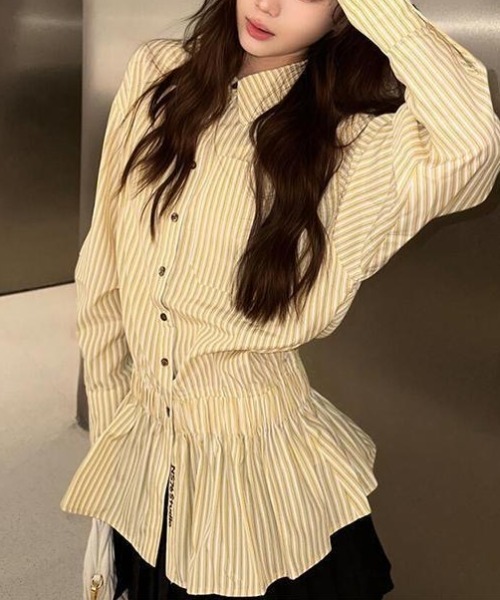 gossip！ロサンゼルス（ゴシップロサンゼルス）の「【25新作】ストライプパターン ヒップ丈シャツワンピース（シャツ/ブラウス・レディース・イエロー/オフホワイト/ブルー・L/M）」の18枚目の写真