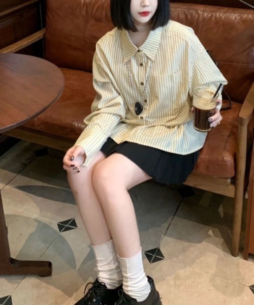 gossip！ロサンゼルス（ゴシップロサンゼルス）の「【25新作】ストライプパターン ヒップ丈シャツワンピース（シャツ/ブラウス・レディース・イエロー/オフホワイト/ブルー・L/M）」の19枚目の写真