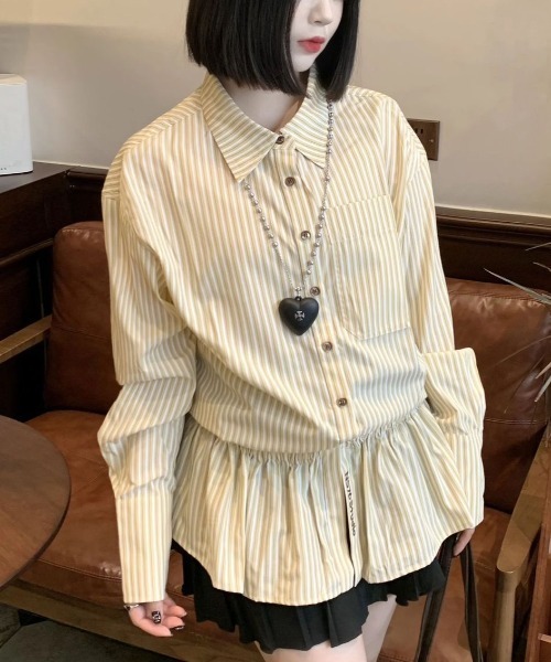 gossip！ロサンゼルス（ゴシップロサンゼルス）の「【25新作】ストライプパターン ヒップ丈シャツワンピース（シャツ/ブラウス・レディース・イエロー/オフホワイト/ブルー・L/M）」の21枚目の写真