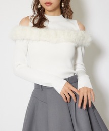 ショルダーオープンフェイクファーニットトップス 秋服 冬服