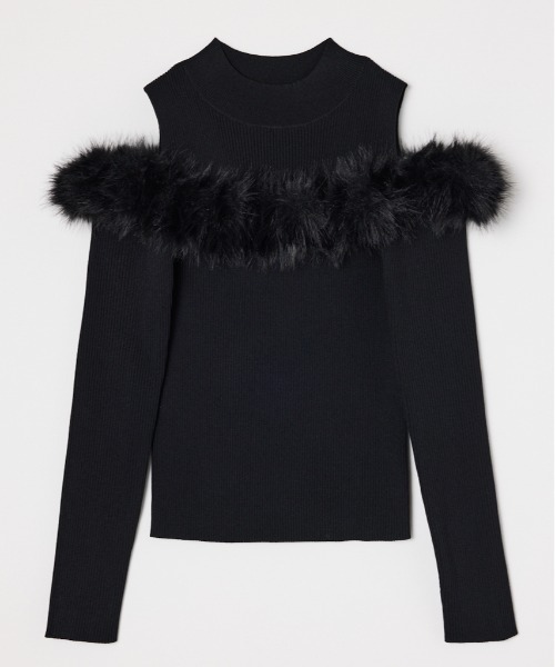 ショルダーオープンフェイクファーニットトップス 秋服 冬服（ニット