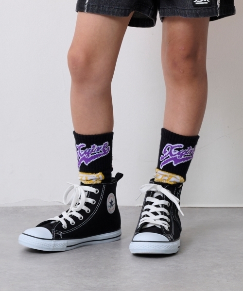 X-girl Stages(エックスガールステージス)の「MIXロゴリブクルーソックス(ソックス/靴下・キッズ・カラフル/オフホワイト/ブラック・17-19cm/19-21cm/15-17cm/13-15cm)」の3枚目の写真