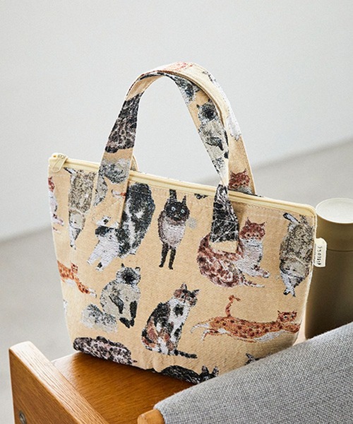 セール】総柄ジャガードランチトート[うちの猫博]（ハンドバッグ