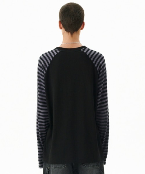 MAHAGRID(マハグリッド)の「『mahagrid/マハグリッド』 ROCK STAR RAGLAN STRIPE LS TEE/ロックスターラグランロンティー(Tシャツ/カットソー・レディース・ブラック/ボルドー・MEDIUM/LARGE)」の4枚目の写真