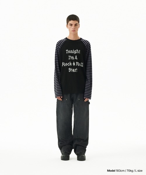 MAHAGRID(マハグリッド)の「『mahagrid/マハグリッド』 ROCK STAR RAGLAN STRIPE LS TEE/ロックスターラグランロンティー(Tシャツ/カットソー・レディース・ブラック/ボルドー・MEDIUM/LARGE)」の5枚目の写真
