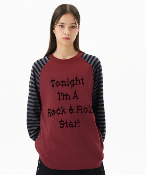 MAHAGRID(マハグリッド)の「『mahagrid/マハグリッド』 ROCK STAR RAGLAN STRIPE LS TEE/ロックスターラグランロンティー(Tシャツ/カットソー・レディース・ブラック/ボルドー・MEDIUM/LARGE)」の11枚目の写真