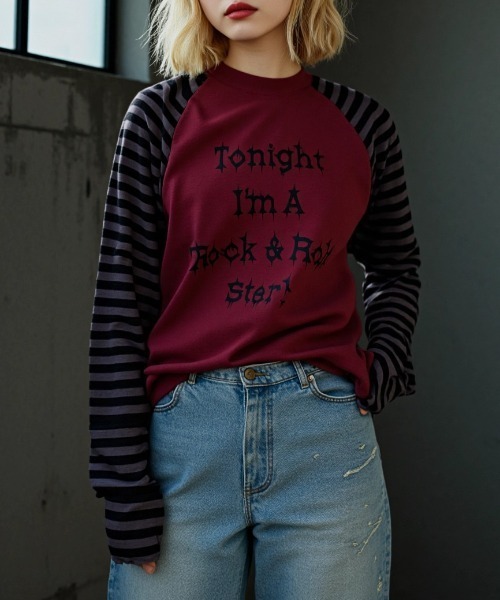 MAHAGRID(マハグリッド)の「『mahagrid/マハグリッド』 ROCK STAR RAGLAN STRIPE LS TEE/ロックスターラグランロンティー(Tシャツ/カットソー・レディース・ブラック/ボルドー・MEDIUM/LARGE)」の10枚目の写真
