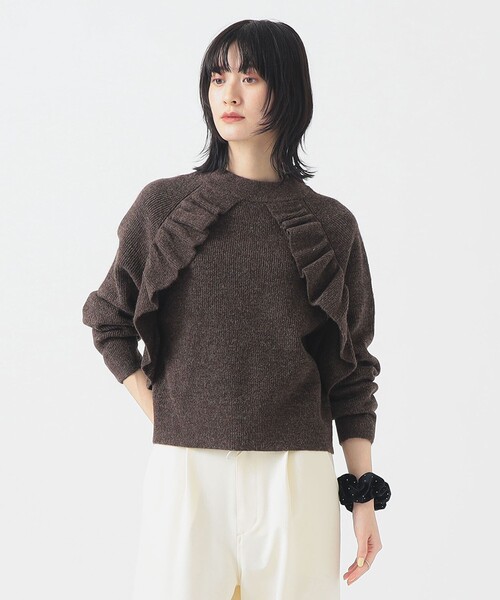 B:MING by BEAMS(ビーミングバイビームス)の「フロント フリル プルオーバー ニット (手洗い可)(ニット/セーター・レディース・ブラウン/ネイビー・ONE SIZE)」の1枚目の写真