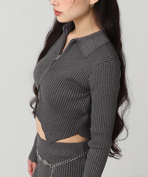 ANAP（アナップ）の「ラメニット ダブルジップ 襟付き トップス（ニット/セーター・レディース・ダークグレー/ライトグレー/ピンク/ブラウン・F）」の6枚目の写真