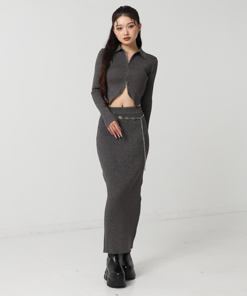 ANAP（アナップ）の「ラメニット ダブルジップ 襟付き トップス（ニット/セーター・レディース・ダークグレー/ライトグレー/ピンク/ブラウン・F）」の8枚目の写真