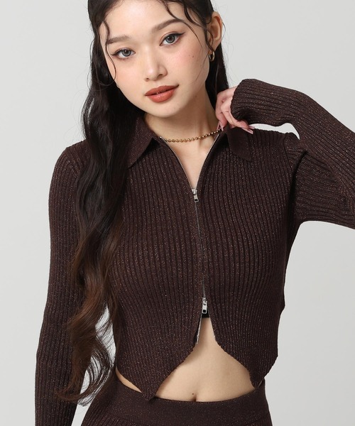 ANAP（アナップ）の「ラメニット ダブルジップ 襟付き トップス（ニット/セーター・レディース・ダークグレー/ライトグレー/ピンク/ブラウン・F）」の9枚目の写真