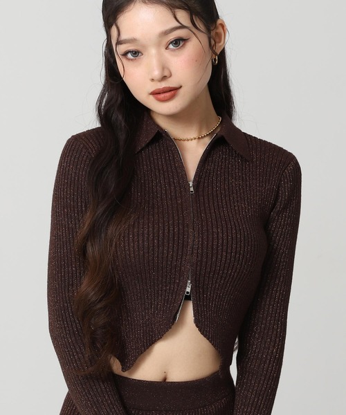 ANAP（アナップ）の「ラメニット ダブルジップ 襟付き トップス（ニット/セーター・レディース・ダークグレー/ライトグレー/ピンク/ブラウン・F）」の10枚目の写真