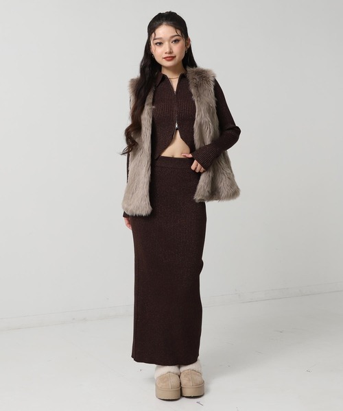 ANAP（アナップ）の「ラメニット ダブルジップ 襟付き トップス（ニット/セーター・レディース・ダークグレー/ライトグレー/ピンク/ブラウン・F）」の11枚目の写真