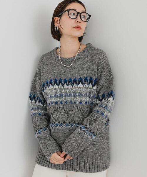 F by ROSSO（エフバイロッソ）の「F by ROSSO　ノルディック柄ニットプルオーバー（ニット/セーター・レディース・グレー/ネイビー・FREE）」の2枚目の写真