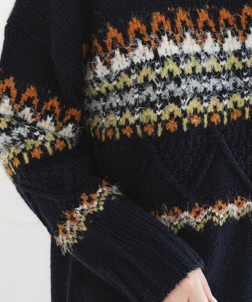 【新品同様】ドゥロワー ノルディック柄 ウール ニット 黒　1　Drawer 手編みペルーニットノルディック柄ハイネックプルオーバー（ニット