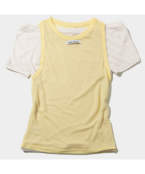 PLACE STUDIO（プレイススタジオ）の「レイヤードオフショルダーラウンドシースルーハーフスリーブツーピースTシャツ_3COLOR（Tシャツ/カットソー・レディース・ミント/チャコール/イエロー・FREE）」の3枚目の写真