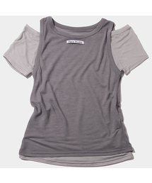 レイヤードオフショルダーラウンドシースルーハーフスリーブツーピースTシャツ_3COLOR