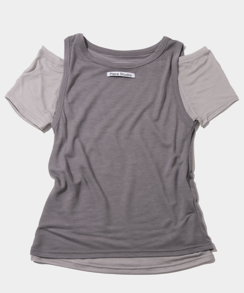 PLACE STUDIO（プレイススタジオ）の「レイヤードオフショルダーラウンドシースルーハーフスリーブツーピースTシャツ_3COLOR（Tシャツ/カットソー・レディース・ミント/チャコール/イエロー・FREE）」の4枚目の写真
