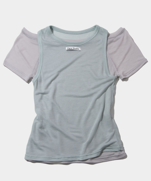 PLACE STUDIO（プレイススタジオ）の「レイヤードオフショルダーラウンドシースルーハーフスリーブツーピースTシャツ_3COLOR（Tシャツ/カットソー・レディース・ミント/チャコール/イエロー・FREE）」の5枚目の写真