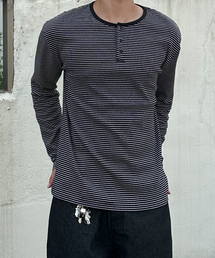 BASEMOMENT（ベースモーメント）の「ストライプヘンリーネックリブTシャツブラック（Tシャツ/カットソー）」