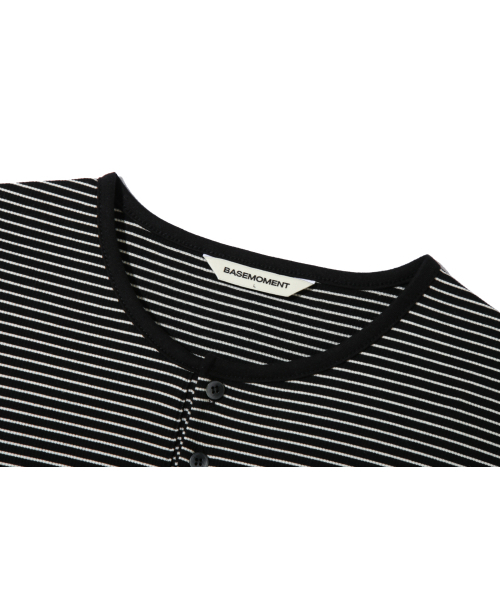BASEMOMENT(ベースモーメント)の「ストライプヘンリーネックリブTシャツブラック(Tシャツ/カットソー・メンズ・その他・MEDIUM/LARGE)」の2枚目の写真