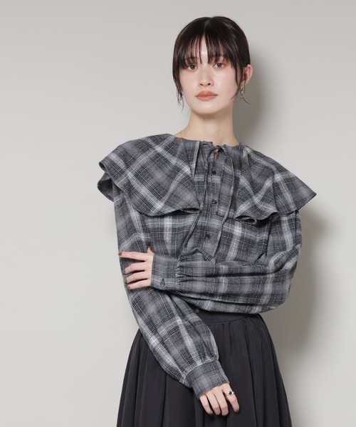 セール】フリルカラーオンブレーチェックブラウス(セットアップ可