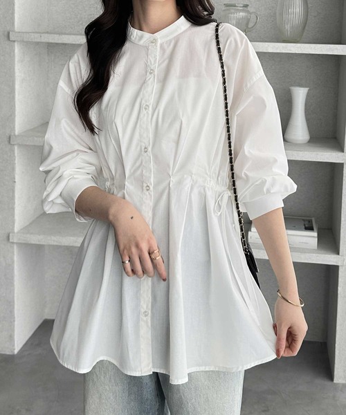 セール】無地/ストライプ柄 ウエストタックリボンボリューム袖シャツ