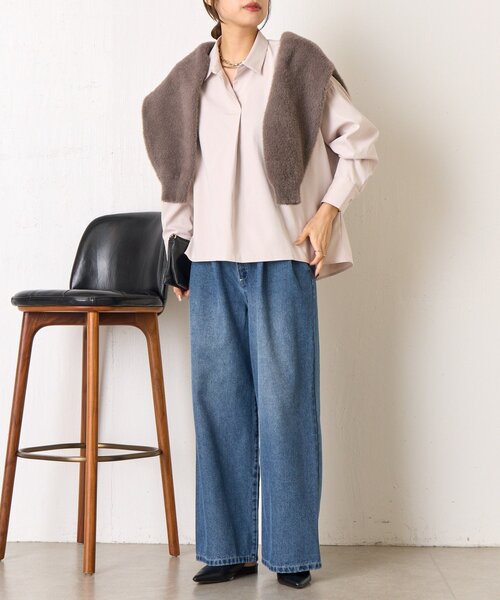 Jena espace merveilleux(ジェナ エスパスメルヴェイユ)の「【春まで着れる/小顔効果◎】袖ボタンスキッパーシャツ(シャツ/ブラウス・レディース・ネイビー/ピンク/ライトグレー・FREE)」の4枚目の写真