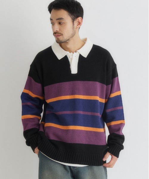 BACK NUMBER(バックナンバー)の「BACK NUMBER(バックナンバー)【メンズ】マルチボーダーポロ襟セーター(ニット/セーター・メンズ・ブラック/ネイビー・S/M/L/XL)」の1枚目の写真